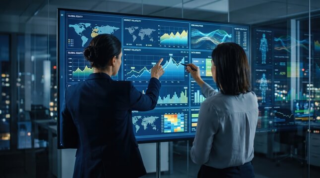 Two professional women analyzing global equity market volatility and complex financial data on large interactive display screen in dark modern control room with city lights