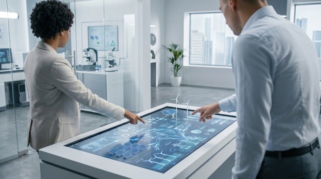 Futuristic smart table displaying holographic renewable energy solutions including wind turbines and solar panels, two people interacting with advanced digital interface for