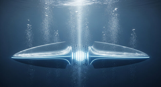 Futuristic green hydro generator mockup featuring glowing neon lights for modern ocean engineering and sustainable design concepts