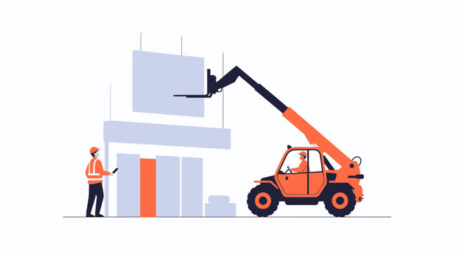 Construction worker with telehandler lifting building materials for high-rise construction