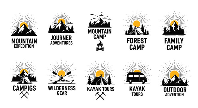 Collection of ten vintage style outdoor camping and adventure logos featuring mountains, tents, kayaks, and forest elements with sun rays.