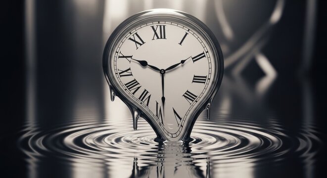 Melting clock in water ripples.