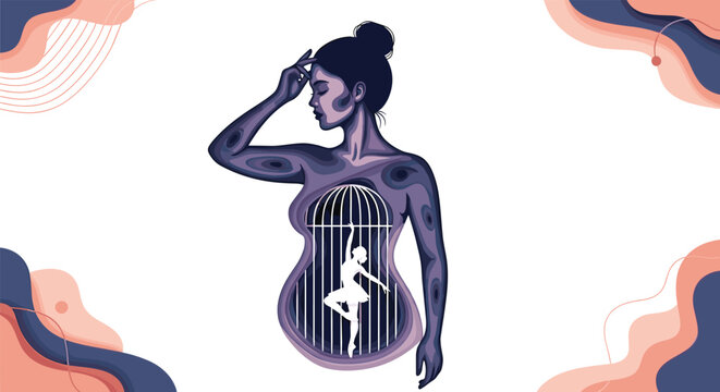Surreal artistic illustration of woman's body silhouette containing ballerina trapped inside a cage representing inner dreams and feelings.
