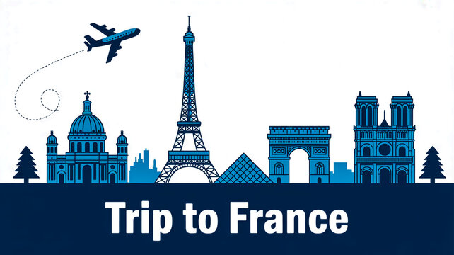 A stylized illustration of Paris landmarks and a plane flying over