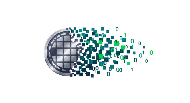 Digital globe with binary code exploding.