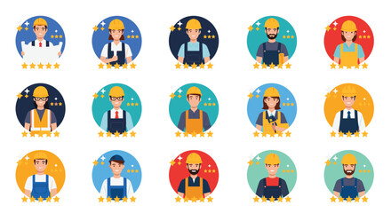 Fototapeta premium Professional construction worker avatars with various ethnicities wear yellow hard hats and display high performance ratings represented by gold stars.