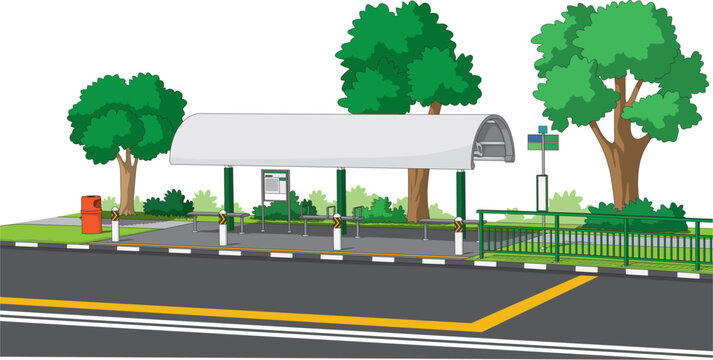Clean, shaded Singapore bus stop with benches, greenery, chevron posts, and orderly roadside design.