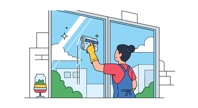 Professional window cleaner woman wiping a large glass pane with a cloth and squeegee overlooking a city park and buildings.