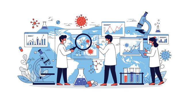 Team of medical researchers in lab coats and face masks study global virus patterns using maps and scientific equipment during a pandemic crisis.