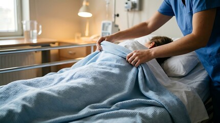 Obraz premium Caregiver in Blue Uniform Adjusting Patient Blanket in Hospital Room