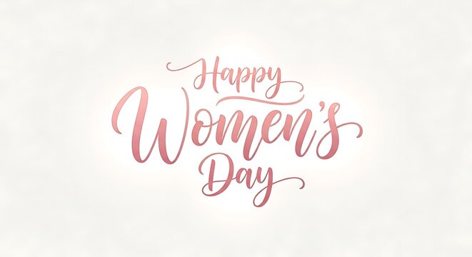 Elegant Happy Women's Day calligraphy, pink rose gold script lettering on white textured background, International Women's Day greeting card design