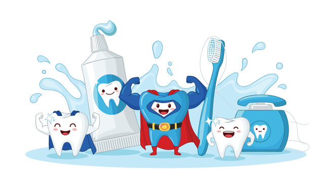 Fun dental health illustration features personified teeth as superheroes alongside a toothbrush toothpaste and floss to encourage good oral hygiene.