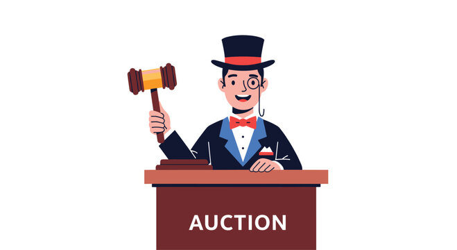 Auctioneer in formal tuxedo and top hat holding a wooden gavel while standing at a podium during a bidding event.