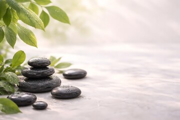 Fototapeta premium Premium Relaxation Concept With Zen Spa Stones And Botanical Elements For Luxury Beauty Campaign And Holistic Wellness Promotion with fresh green leaves, water droplets and soft natural light
