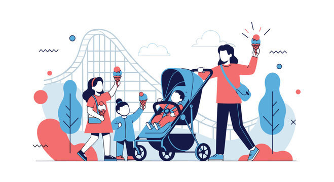 Happy mother walking with her children in an amusement park while eating ice cream cones near a large roller coaster.
