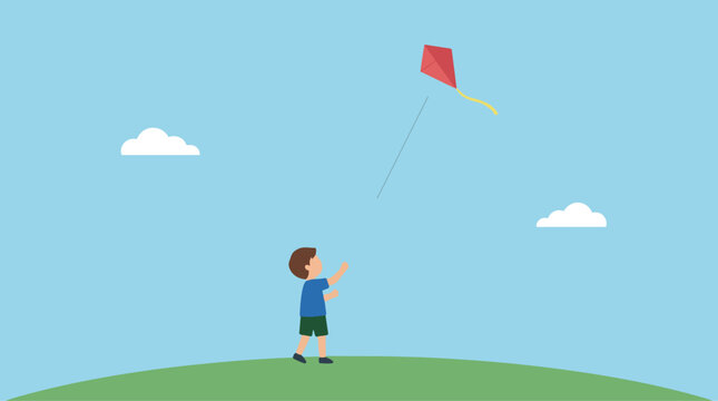 Boy Flying a Red Kite on a Sunny Day in a Grassy Field Enjoying Outdoor Recreation and Childhood Fun