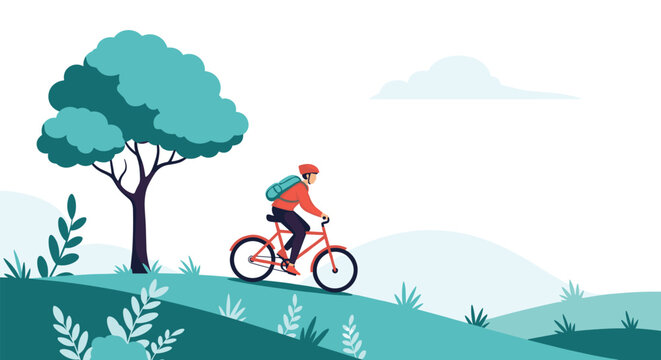 Man wearing helmet and backpack riding bicycle on green hilly landscape with trees and clouds under bright sky during outdoor exercise.