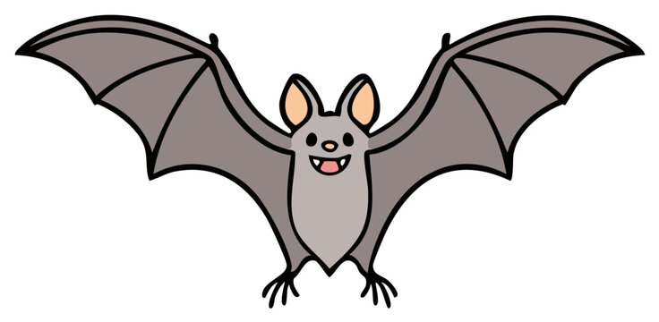 Cartoon illustration of a gray bat with spread wings and a happy expression