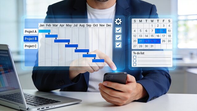 Project manager interacting with virtual gantt chart timeline and calendar to do list on smartphone screen for scheduling and planning tasks