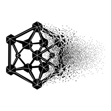 C60 fullerene molecule icon, disintegrating, white background, vector illustration