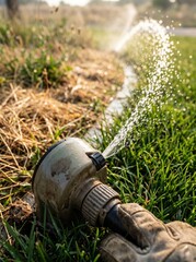 Fototapeta premium Automatic landscape sprinkler head spraying water on green turf grass for lawn irrigation, garden maintenance and drought management services with blurred background