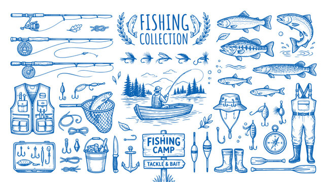 Fishing collection with rods, fish, equipment and accessories