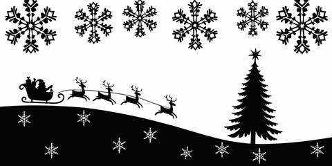 santa claus and reindeer silhouette with christmas tree and snowflakes © ShambhuNath