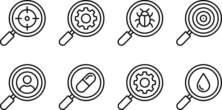 Magnifying Glass Icon Set with Line Art Symbols for Target, Gear, Bug, Radar, User, Pill, and Water Drop Analysis Vector