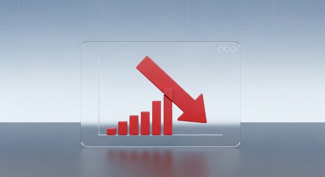 Red arrow downward trend financial graph bar chart, business decline, stock market crash, economic recession concept illustration