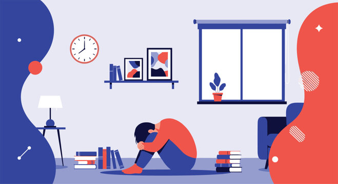 Person sitting on the floor in a room feeling lonely and depressed with their head down during a difficult emotional moment.