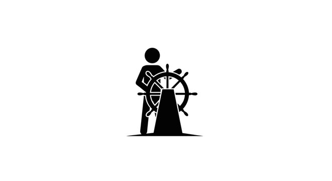 Nautical captain silhouette at a ship steering wheel