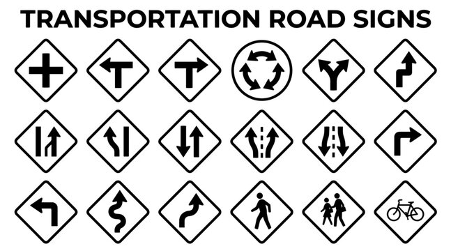 A set of various traffic and road signs, including directional arrows, pedestrian crossings, and a roundabout symbol, presented in a clean, graphic style.