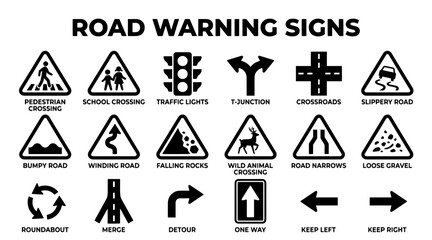 A graphic collection of various black and white road warning signs and traffic symbols for safety and navigation. © MstSomaya