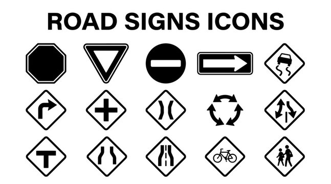 A set of various road sign icons representing traffic rules, warnings, and directions on a white background.