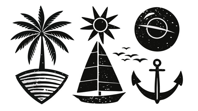 Collection of black tropical beach icons in a distressed woodcut style, including a sailboat, palm tree, anchor, and compass rose for summer vacation and travel themes