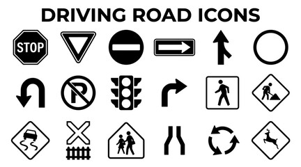 A grid of various black and white icons representing traffic signs, road symbols, and driving regulations. © MstSomaya