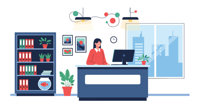 Friendly receptionist working at a modern office front desk with a computer and organized shelving unit nearby.