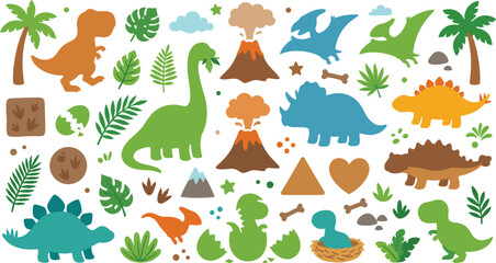 Colorful flat style dinosaur vector icons bundle featuring cute prehistoric creatures volcano tropical leaves and hatching eggs for children © MSTSUFIA