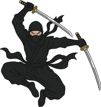 Stealth ninja warrior character with dual katana swords dynamic combat pose cartoon vector illustration isolated artwork