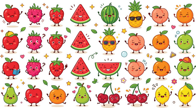 Cute kawaii fruit character collection with smiling watermelon pineapple strawberry and cartoon healthy food vector illustration