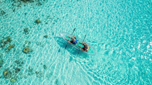 Two people paddle a clear, transparent kayak across turquoise water over a coral reef. The kayakers are actively rowing, enjoying a peaceful water activity.