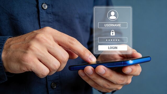 Mobile login authentication user access concept, man holding smartphone with username password input form, digital identity, account security, online registration, app sign in,