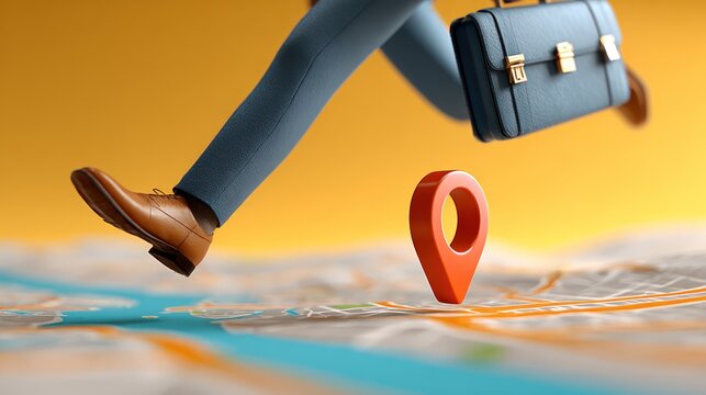 Businessman with briefcase running over city map with red location pin icon