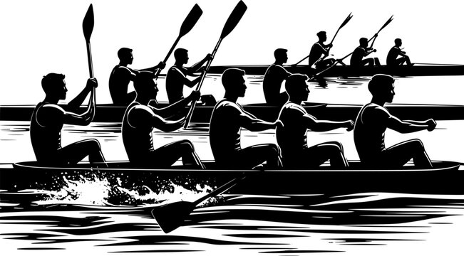 Silhouettes of single, double, quad, and eight-person rowing teams, sculling and sweep boats, competitive crew sport vector illustration, water racing concept