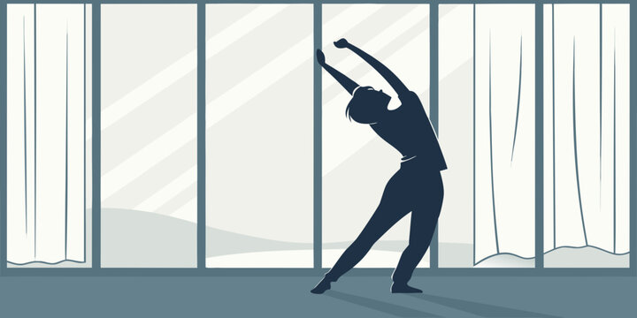 Silhouette of a person stretching their arms and body in front of a large floor-to-ceiling window in a modern room with soft morning light well being silhouette interior awakening exercise