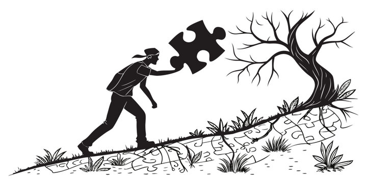 Silhouette of a person carrying a puzzle piece up a hill made of jigsaw parts toward a bare tree for environmental restoration with silhouette carrying environment restoration rebuilding solution