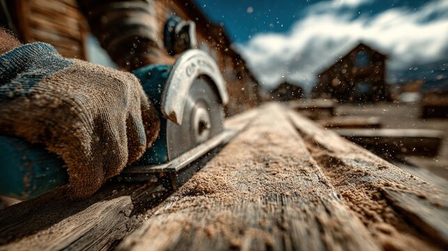Carpenter using circular saw to cut wooden plank on a sunny construction site with sawdust flying