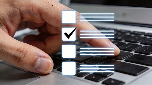 Close up of hand checking box on digital checklist overlay, task management concept, to do list completion, productivity tool, project planning, organizing work items, verifying