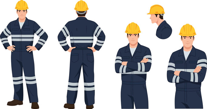 Construction worker character set in blue uniform and yellow hard hat showing various poses and angles vector