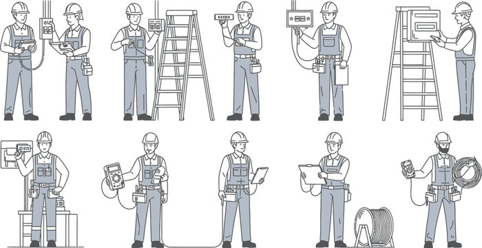 Electrician characters set with tools and equipment for electrical installation and maintenance work in flat vector illustration